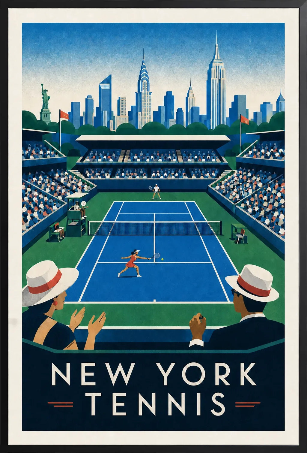 Affiche New York Tennis Stadium Femme Sprint volée, affiche Art déco de tennis new-yorkaise