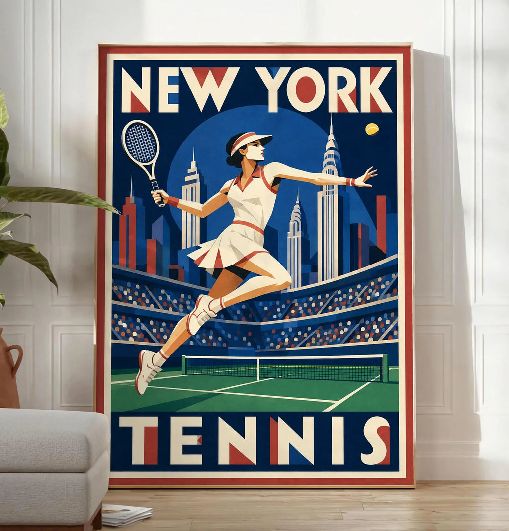Affiche New York Tennis Tennis Female action offensive, affiche Art déco de tennis new-yorkaise