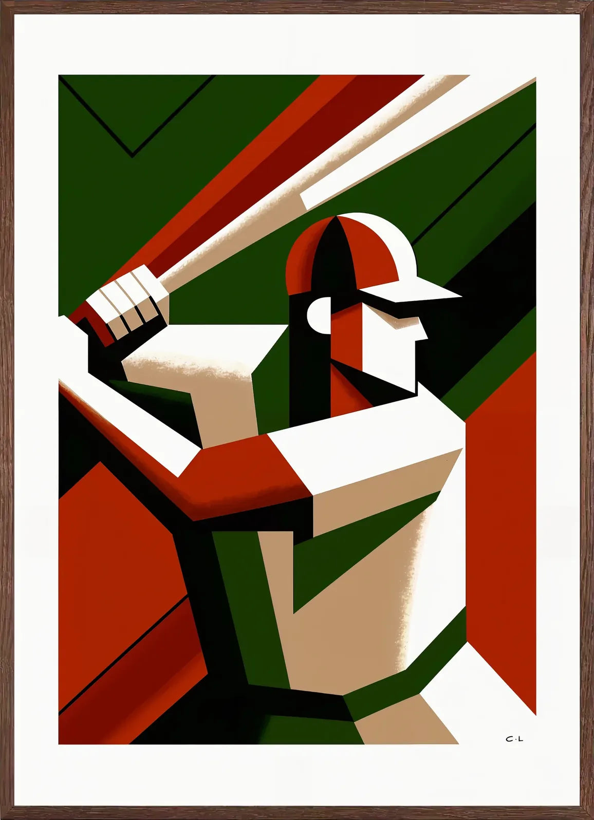Batte de baseball encadrée chêne clair, finition mat, monogramme C.L. en bas à droite