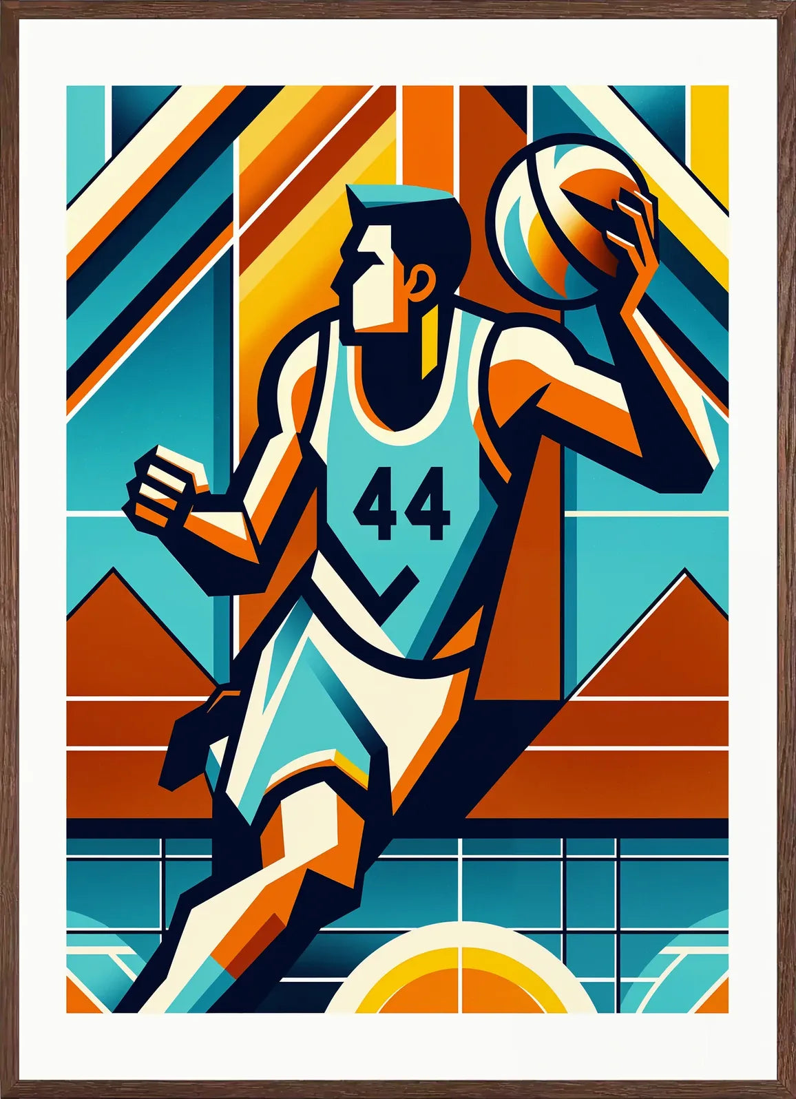 Encadré en chêne clair, joueur de basket numéroté 44, finition mat, contraste sur bandes diagonales
