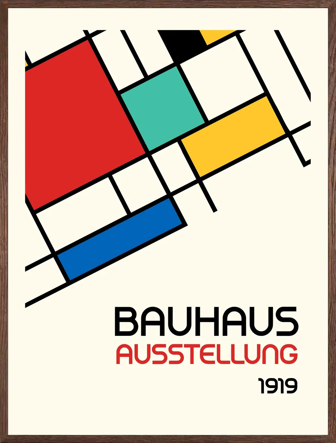 Cadre chene clair entourant l'affiche Bauhaus blocs mondrian