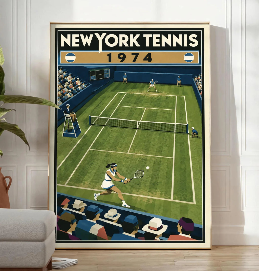 Affiche New York Tennis New York Tennis 1974 gazon revers croisé, affiche Art déco de tennis new-yorkaise