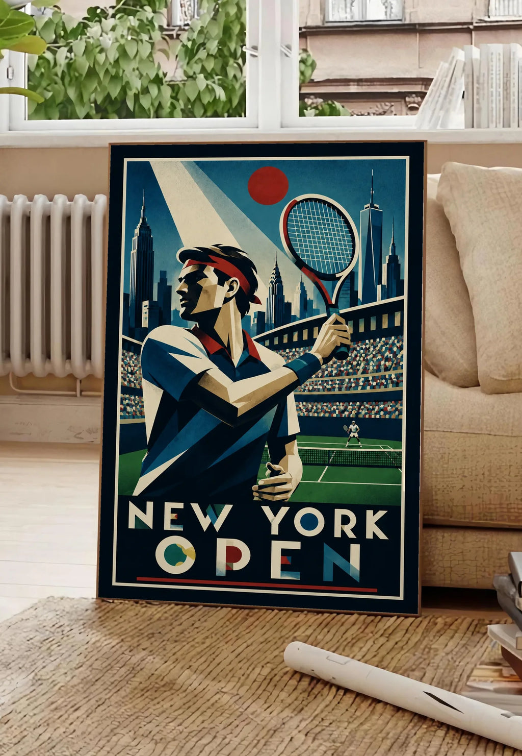 Affiche New York Tennis Open Male High Forehand Finish, affiche Art déco de tennis new-yorkaise