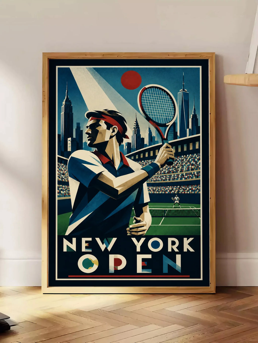 Affiche New York Tennis Open Male High Forehand Finish, affiche Art déco de tennis new-yorkaise