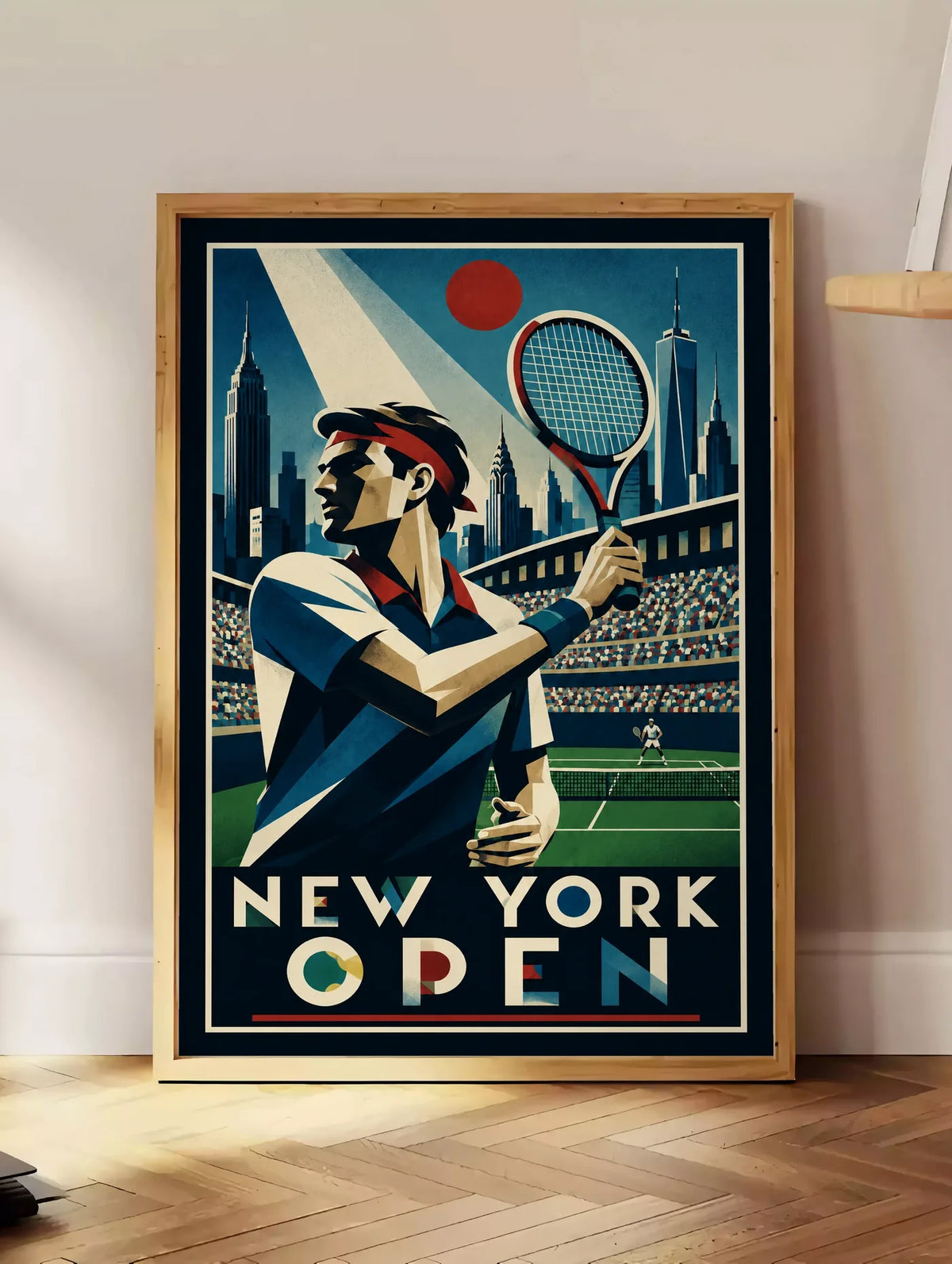 Affiche New York Tennis Open Male High Forehand Finish, affiche Art déco de tennis new-yorkaise