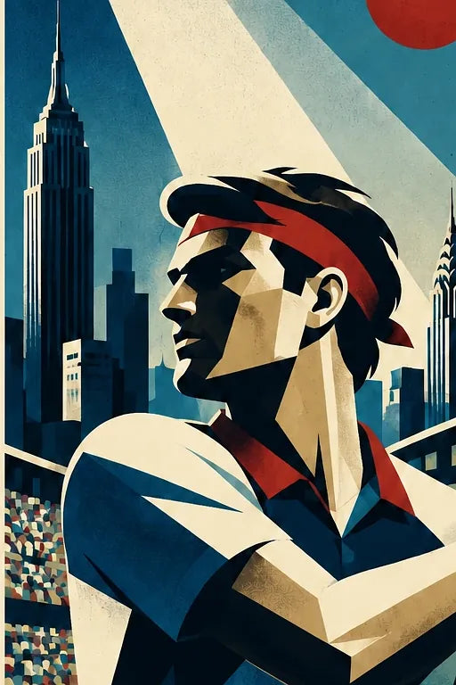 Affiche New York Tennis Open Male High Forehand Finish, affiche Art déco de tennis new-yorkaise