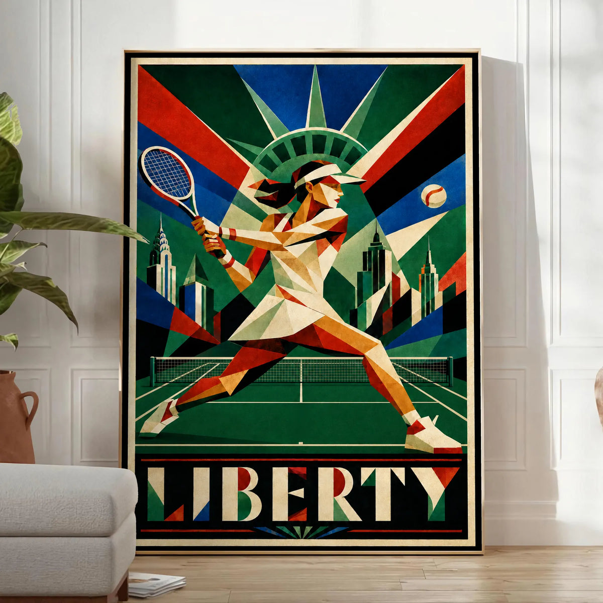 Affiche New York Tennis Femme Liberty revers, affiche Art déco de tennis new-yorkaise