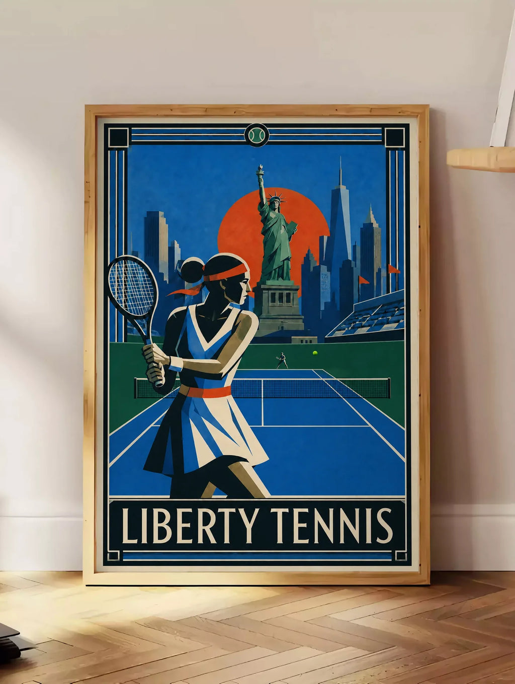 Affiche New York Tennis Liberty Femme revers à deux mains, affiche Art déco de tennis new-yorkaise