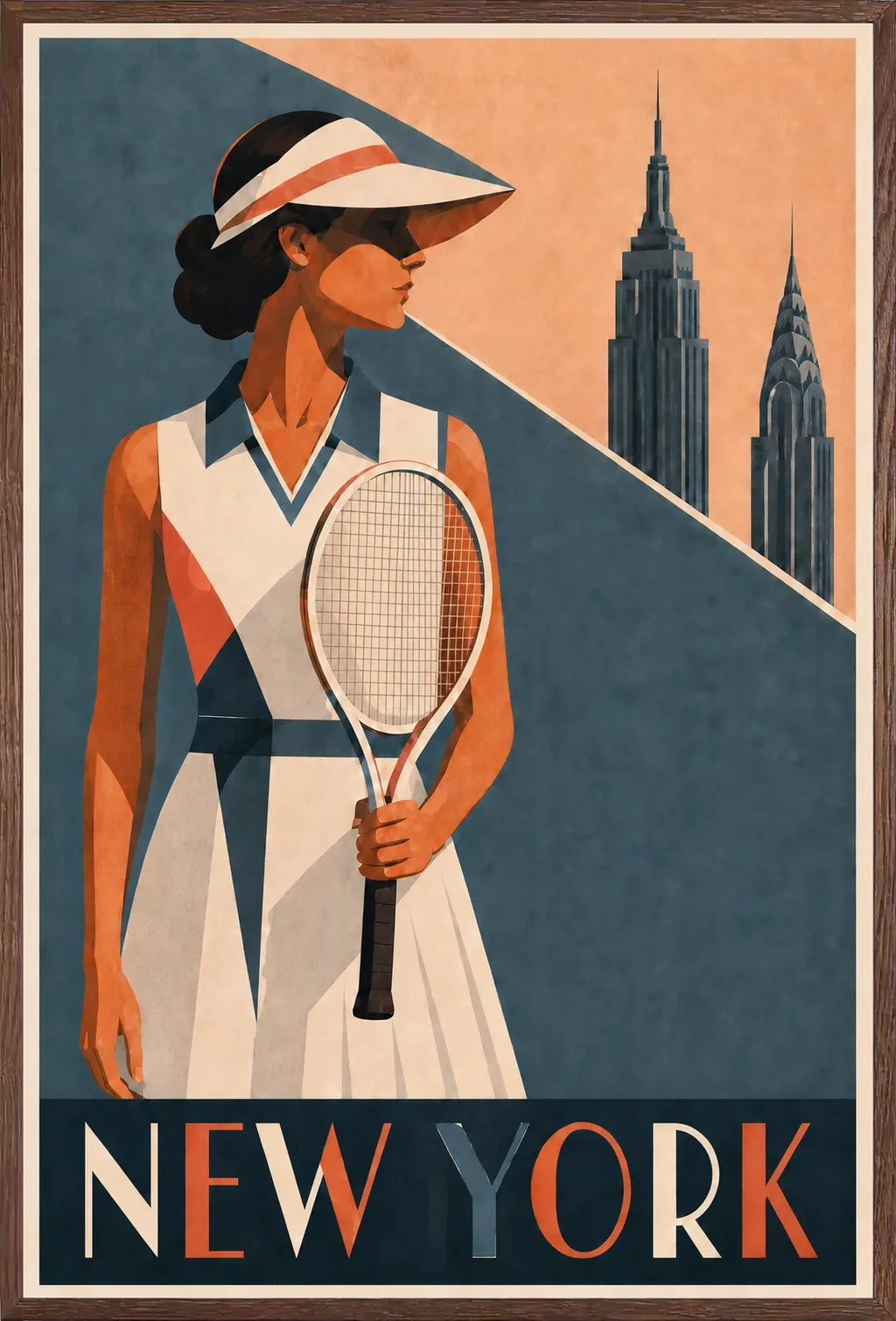 Affiche New York Tennis Femme Coral profil, affiche Art déco de tennis new-yorkaise