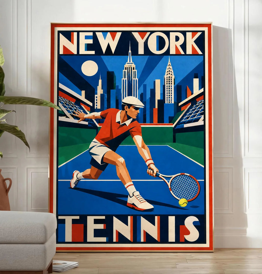 Affiche New York Tennis New York Tennis Homme slice bas, affiche Art déco de tennis new-yorkaise
