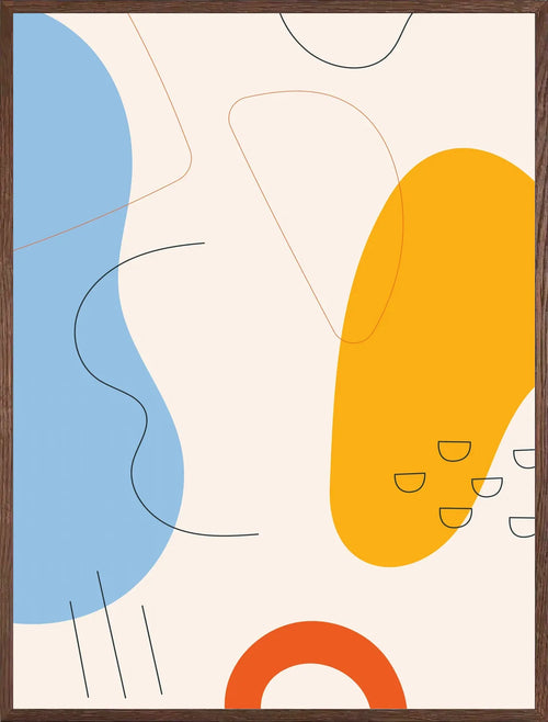 Cadre chene clair entourant l'affiche boho bleu et jaune