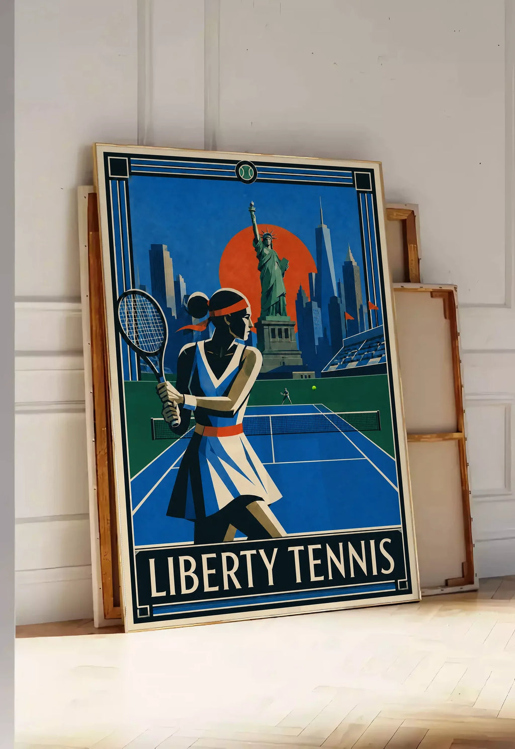 Affiche New York Tennis Liberty Femme revers à deux mains, affiche Art déco de tennis new-yorkaise