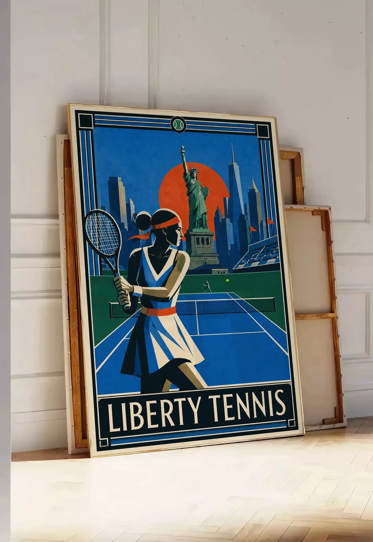 Affiche New York Tennis Liberty Femme revers à deux mains, affiche Art déco de tennis new-yorkaise