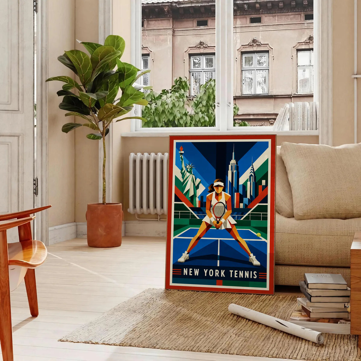 Affiche New York Tennis Geometric Femme Split Step prêt, affiche Art déco de tennis new-yorkaise