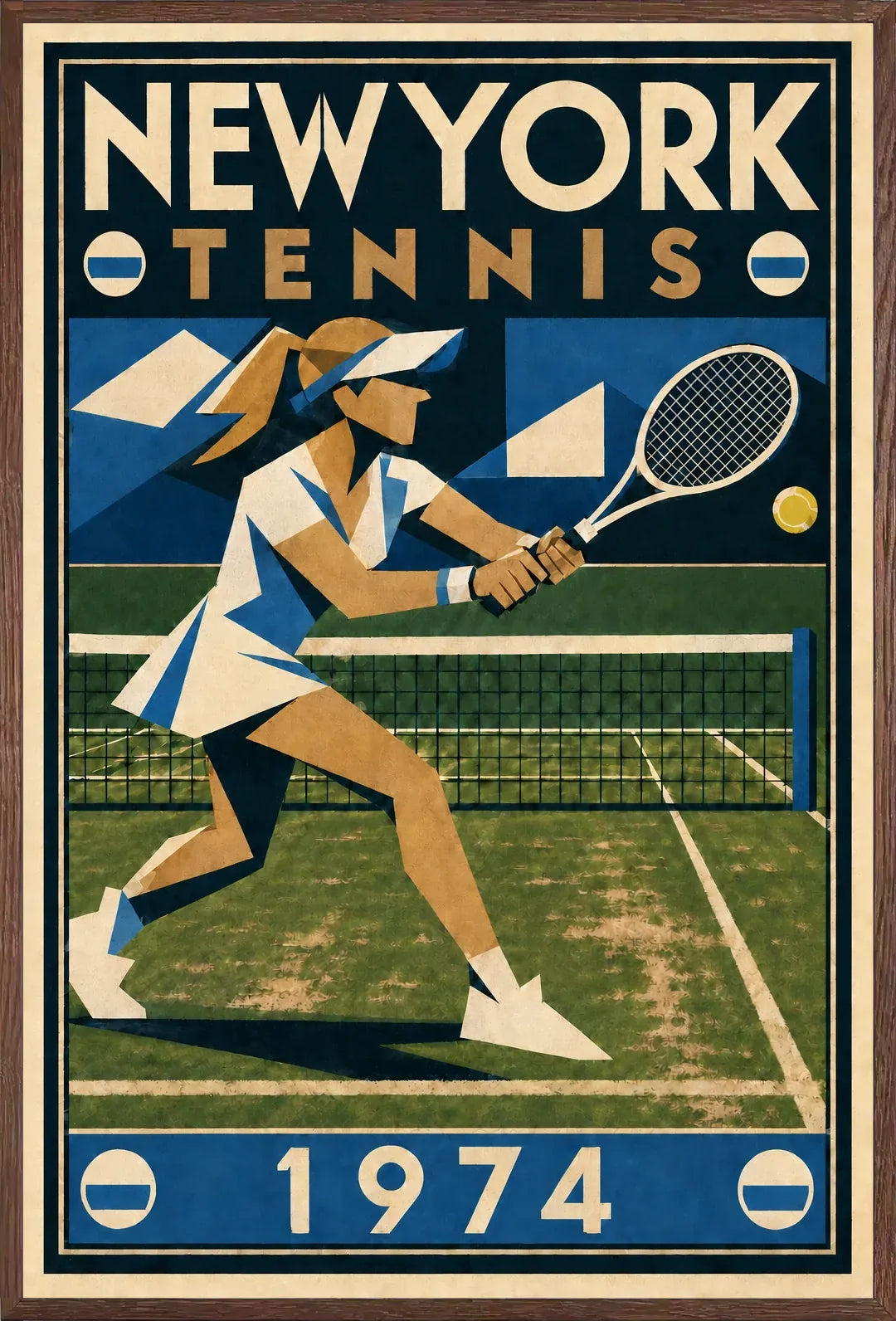 Affiche New York Tennis New York Tennis 1974 Femme gazon volée, affiche Art déco de tennis new-yorkaise