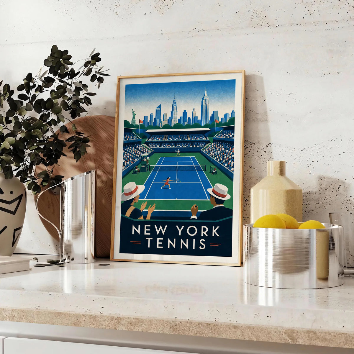 Affiche New York Tennis Stadium Femme Sprint volée, affiche Art déco de tennis new-yorkaise