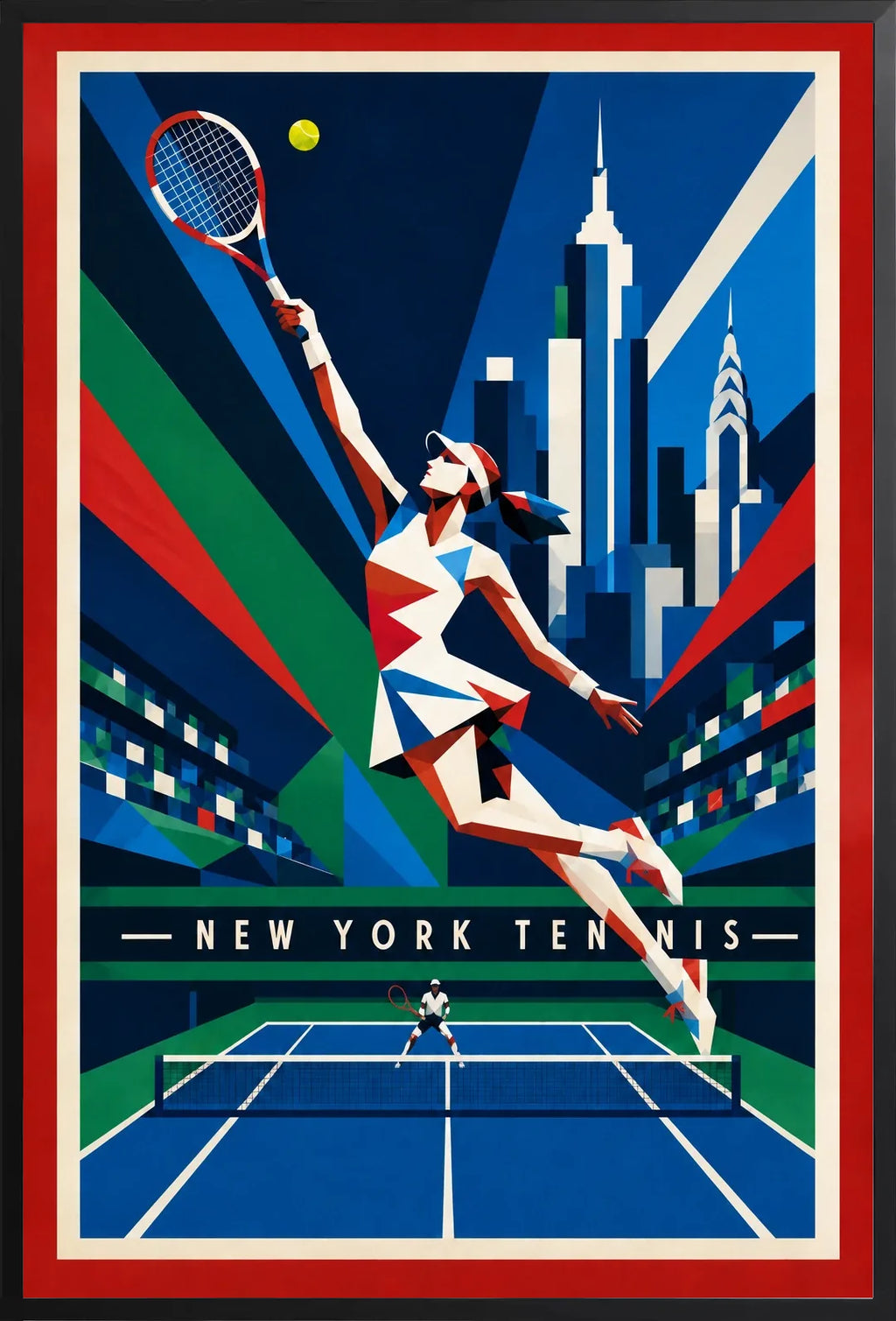 Affiche New York Tennis New York Tennis Femme action offensive, affiche Art déco de tennis new-yorkaise