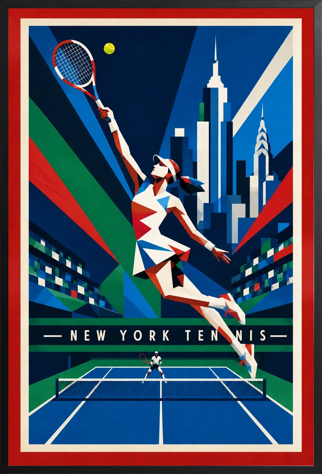 Affiche New York Tennis New York Tennis Femme action offensive, affiche Art déco de tennis new-yorkaise
