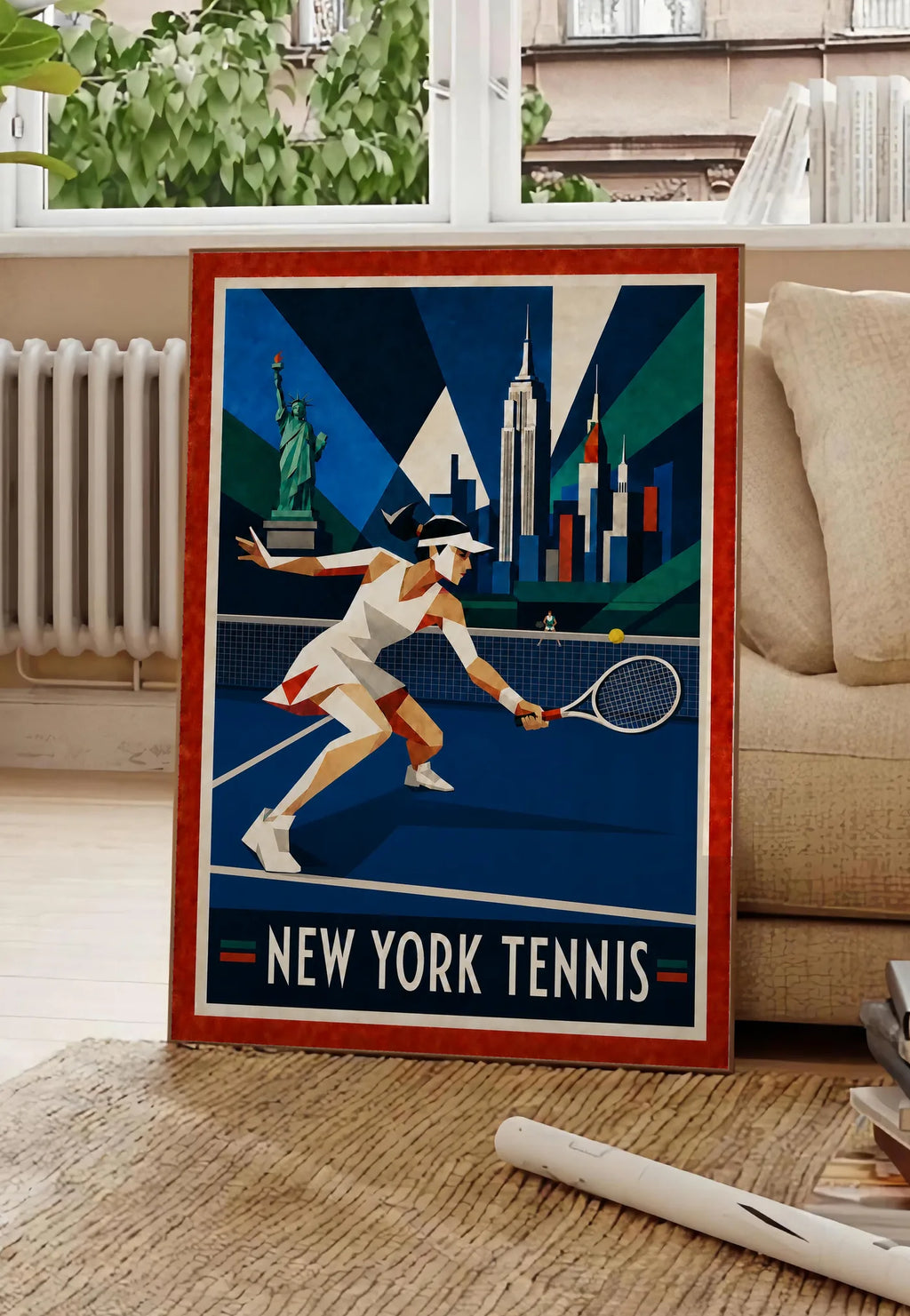 Affiche New York Tennis Geometric Femme Low demi-volée, affiche Art déco de tennis new-yorkaise