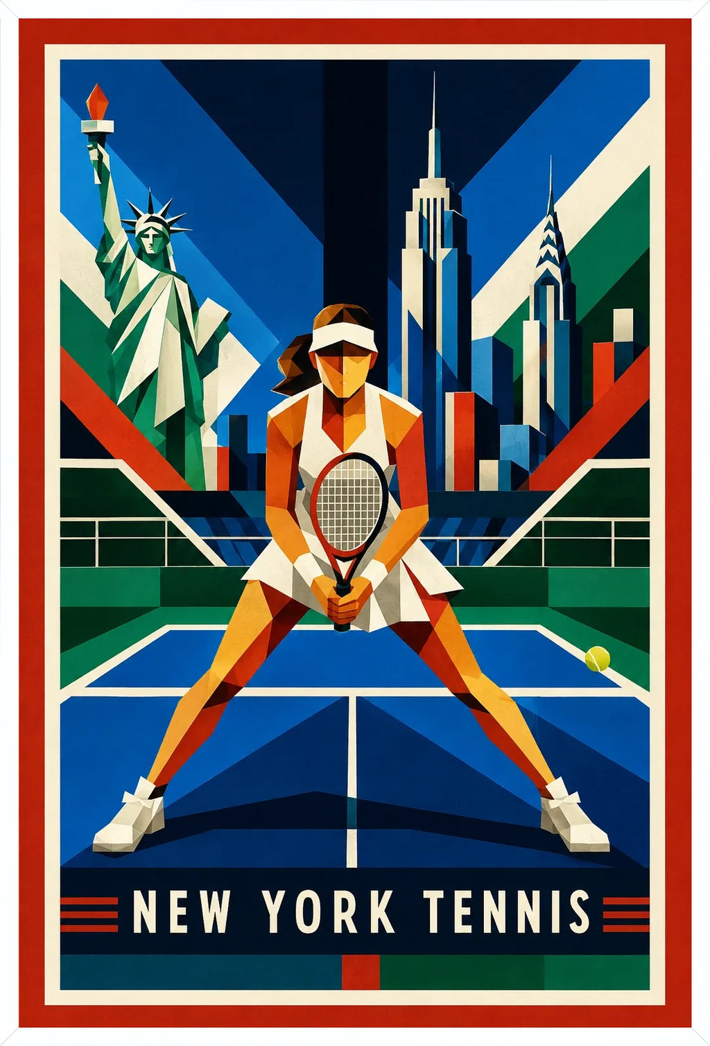 Affiche New York Tennis Geometric Femme Split Step prêt, affiche Art déco de tennis new-yorkaise