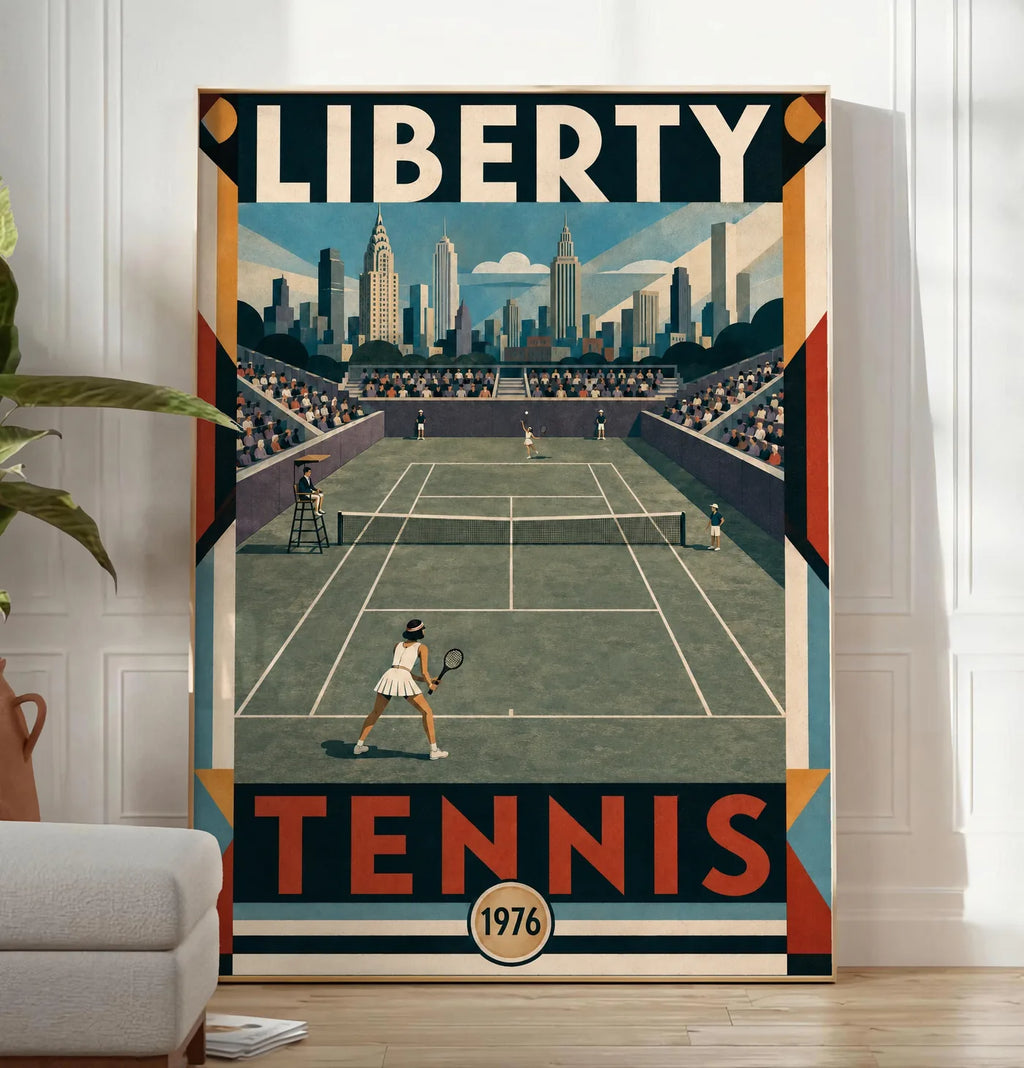 Affiche New York Tennis Liberty Tennis 1976 Femme Har-Tru Court View, affiche Art déco de tennis new-yorkaise