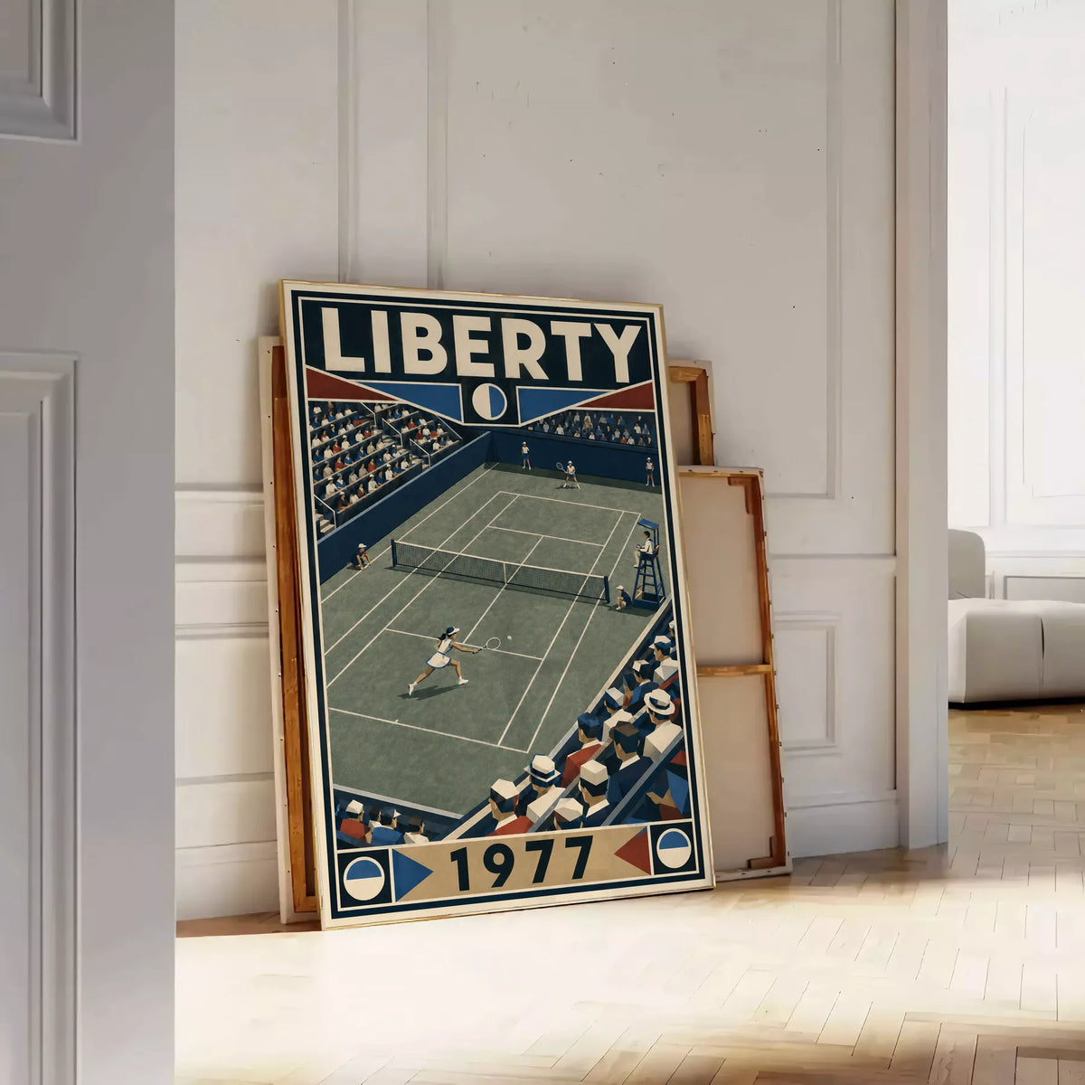 Affiche New York Tennis Liberty Tennis 1977 Femme Har-Tru dernière année, affiche Art déco de tennis new-yorkaise