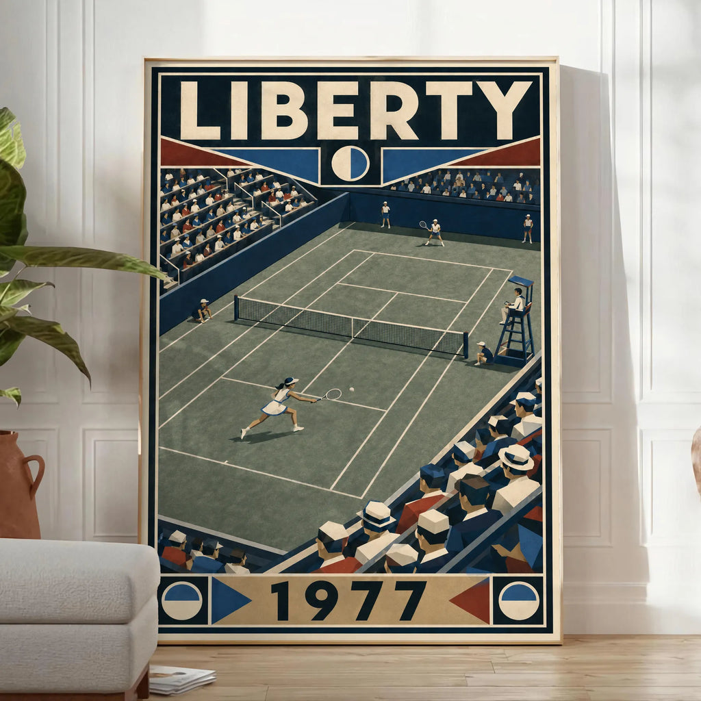 Affiche New York Tennis Liberty Tennis 1977 Femme Har-Tru dernière année, affiche Art déco de tennis new-yorkaise