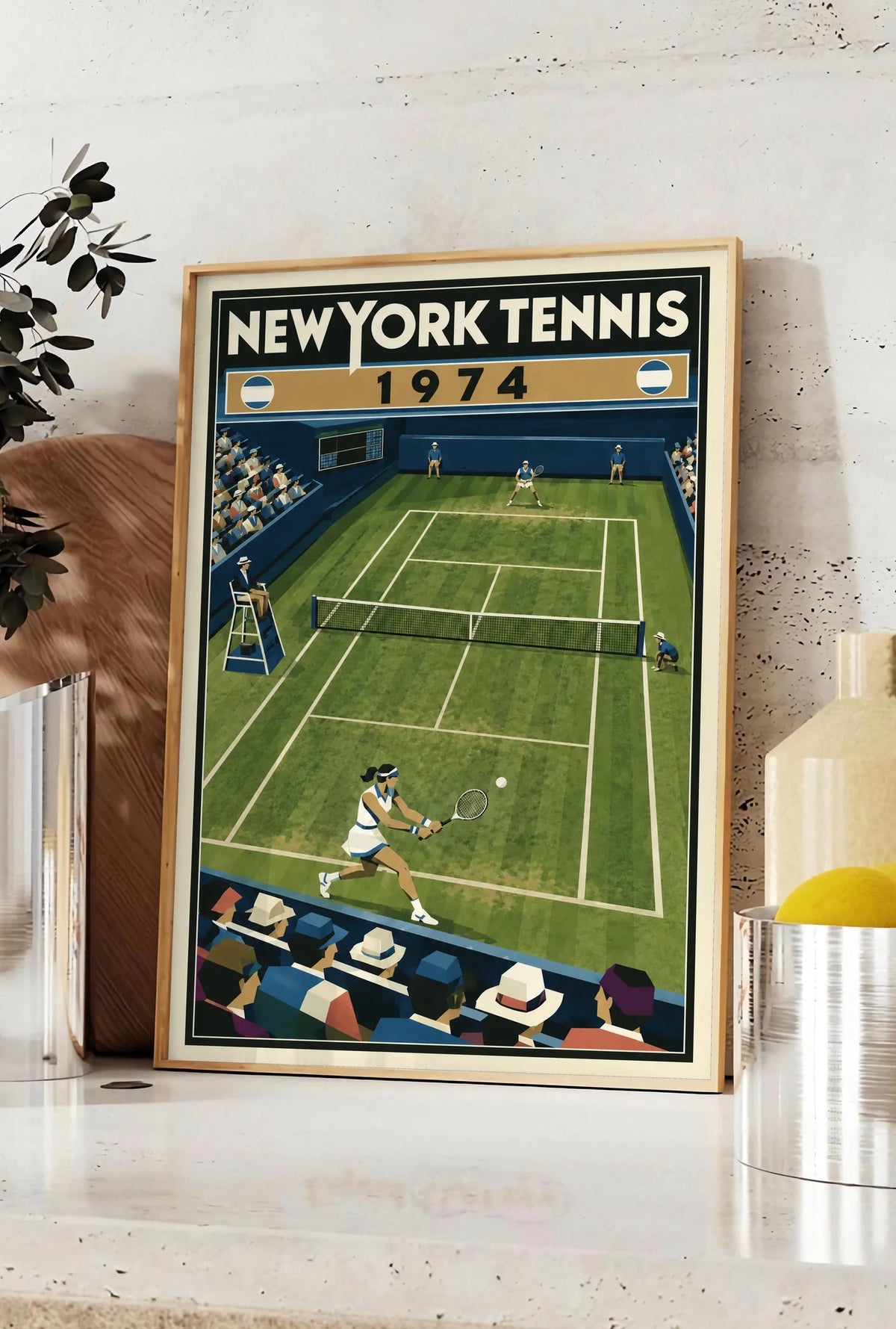 Affiche New York Tennis New York Tennis 1974 gazon revers croisé, affiche Art déco de tennis new-yorkaise