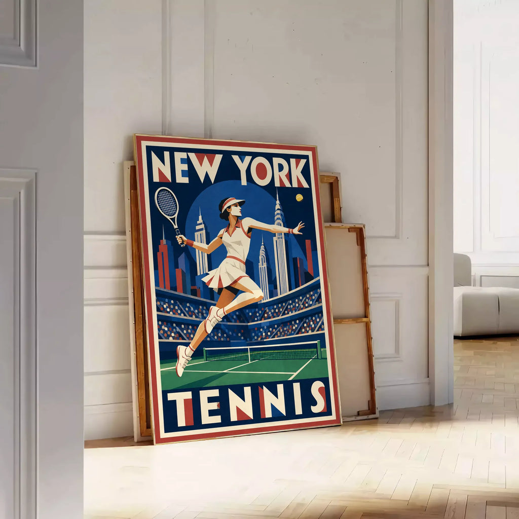 Affiche New York Tennis Tennis Female action offensive, affiche Art déco de tennis new-yorkaise