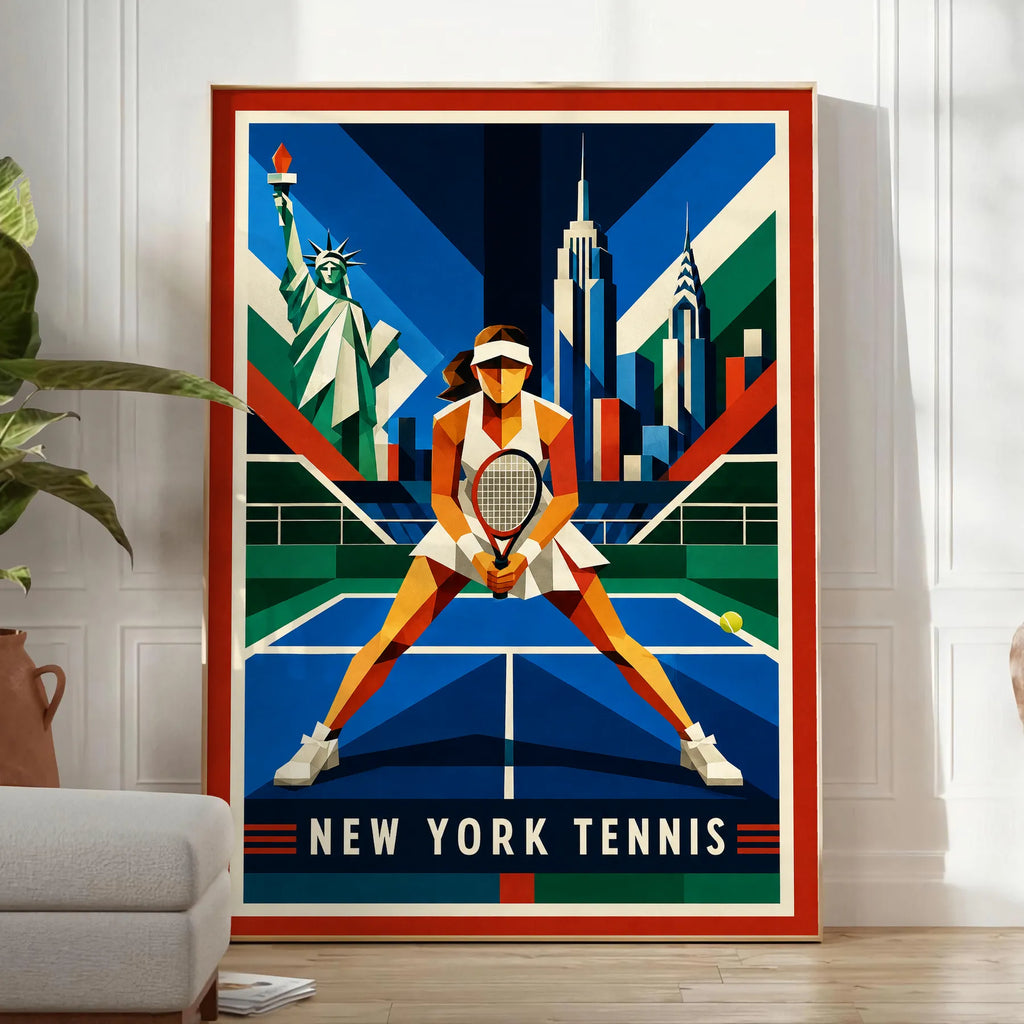 Affiche New York Tennis Geometric Femme Split Step prêt, affiche Art déco de tennis new-yorkaise