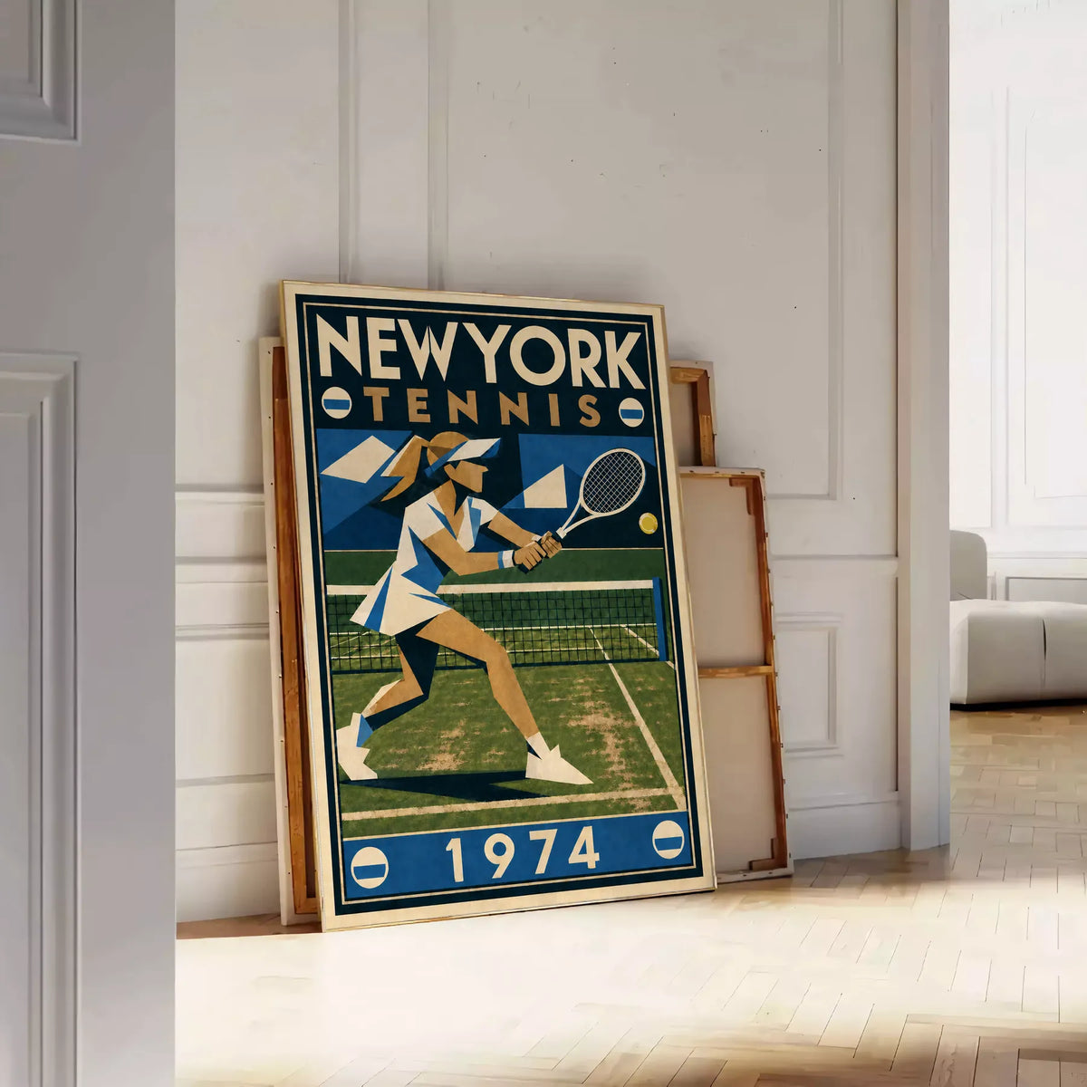 Affiche New York Tennis New York Tennis 1974 Femme gazon volée, affiche Art déco de tennis new-yorkaise