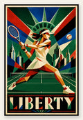 Affiche New York Tennis Femme Liberty revers, affiche Art déco de tennis new-yorkaise