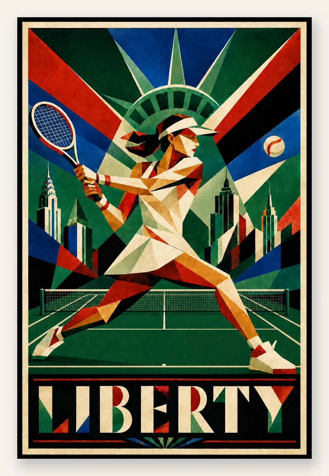 Affiche New York Tennis Femme Liberty revers, affiche Art déco de tennis new-yorkaise