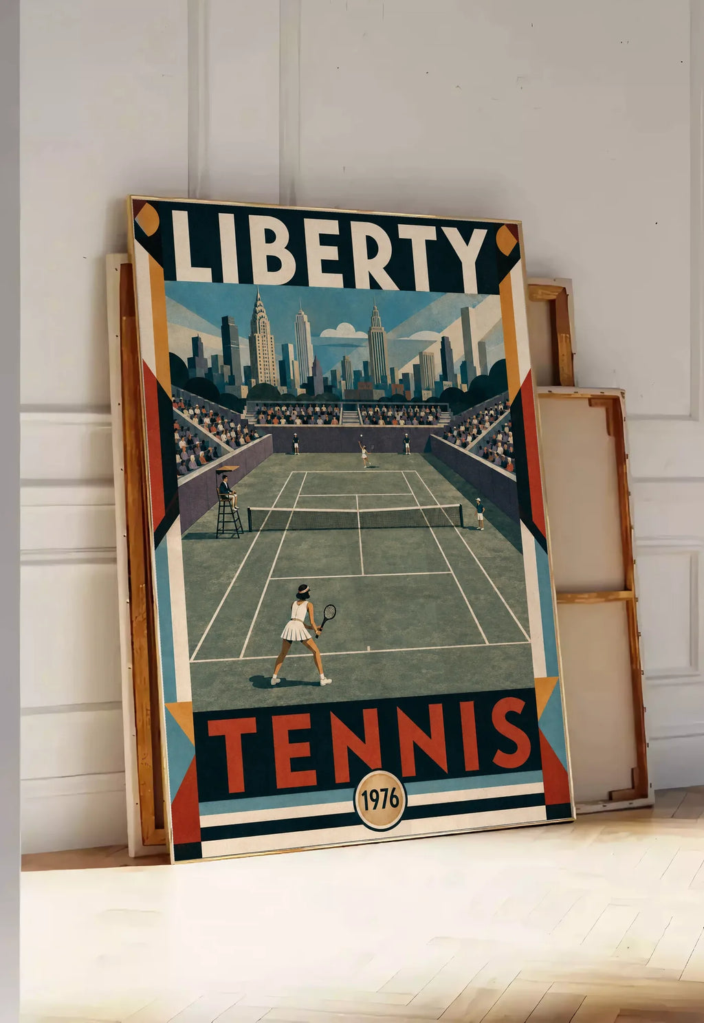 Affiche New York Tennis Liberty Tennis 1976 Femme Har-Tru Court View, affiche Art déco de tennis new-yorkaise