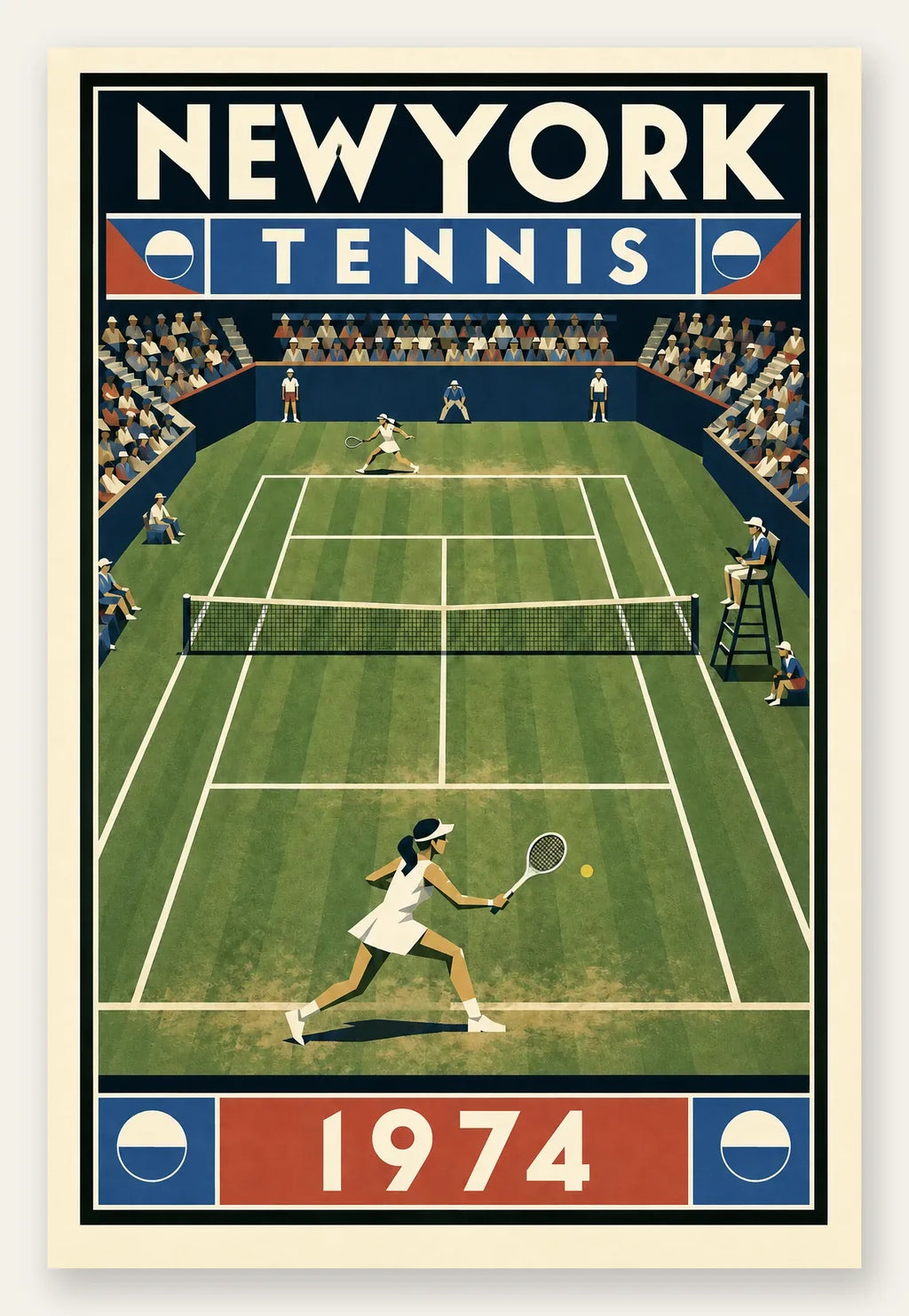 Affiche New York Tennis New York Tennis 1974 Femme gazon volée Court, affiche Art déco de tennis new-yorkaise