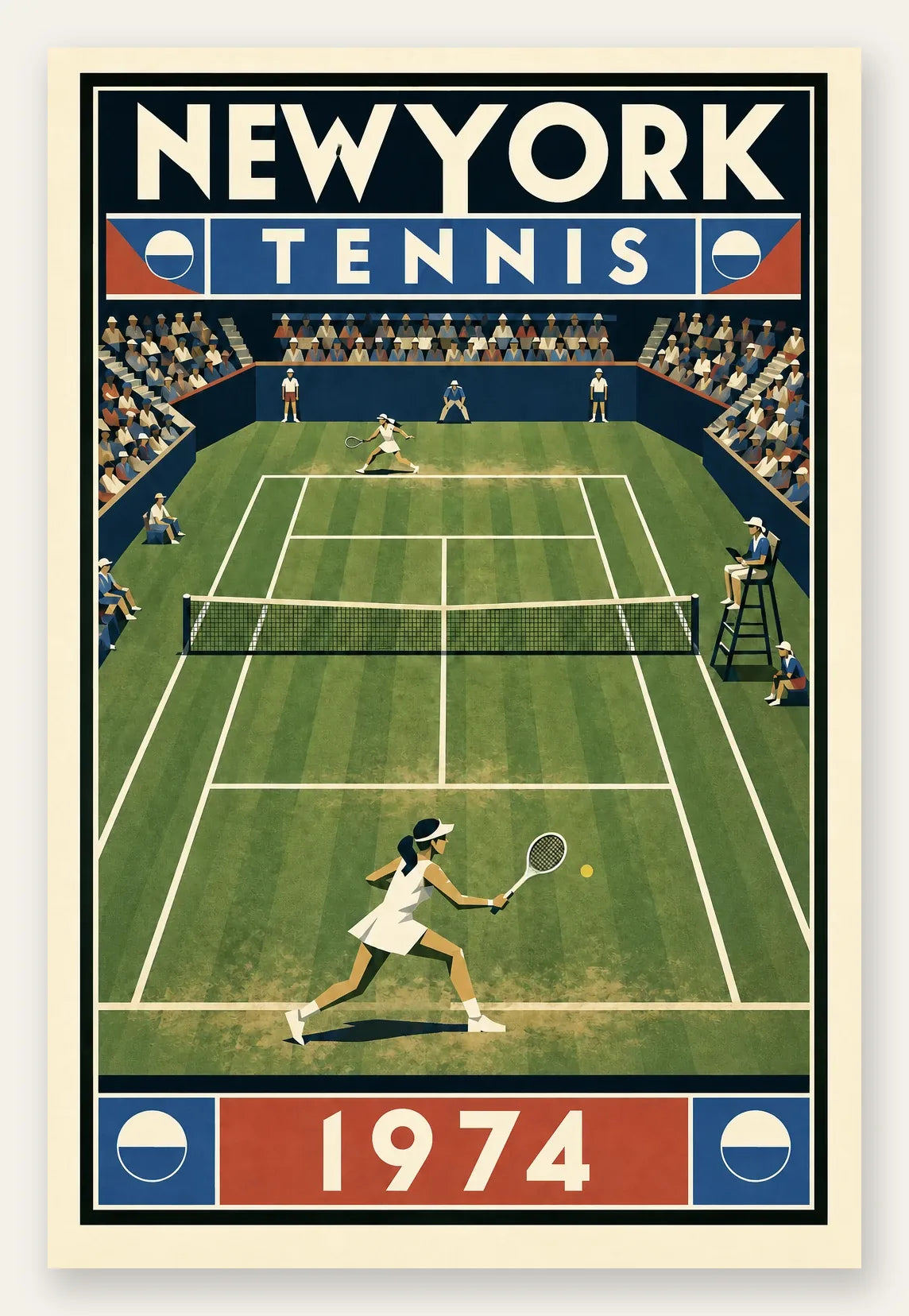 Affiche New York Tennis New York Tennis 1974 Femme gazon volée Court, affiche Art déco de tennis new-yorkaise