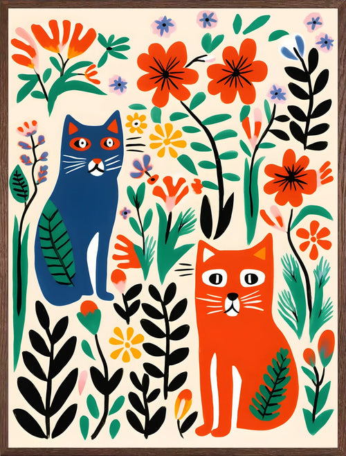 Cadre chene clair entourant l'affiche chats fleurs art naif