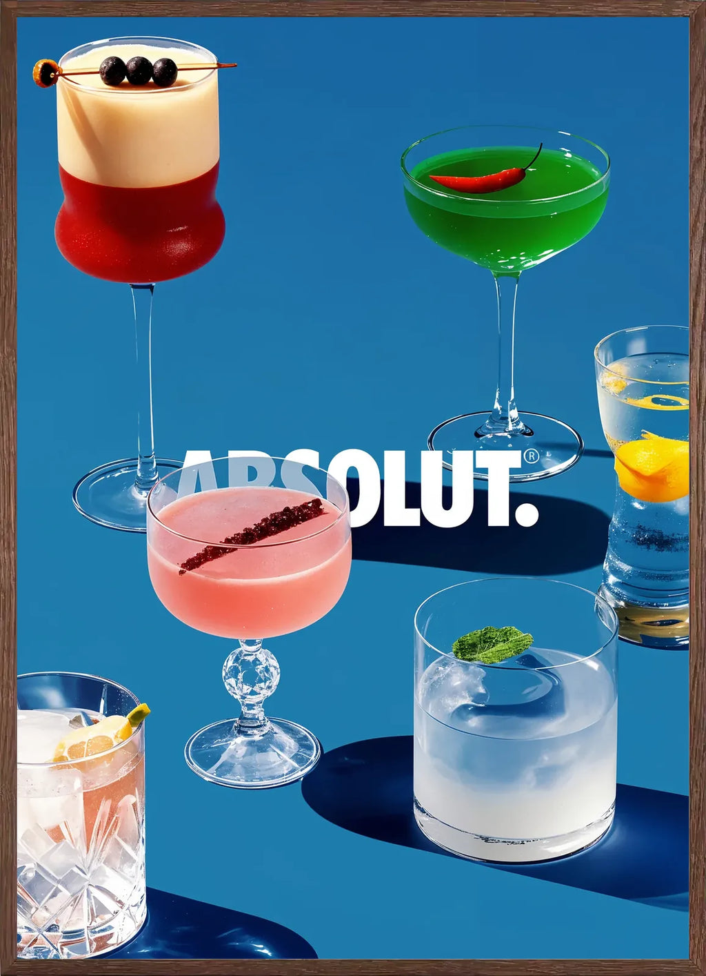Cadre chene clair entourant l'affiche cocktail collection verres