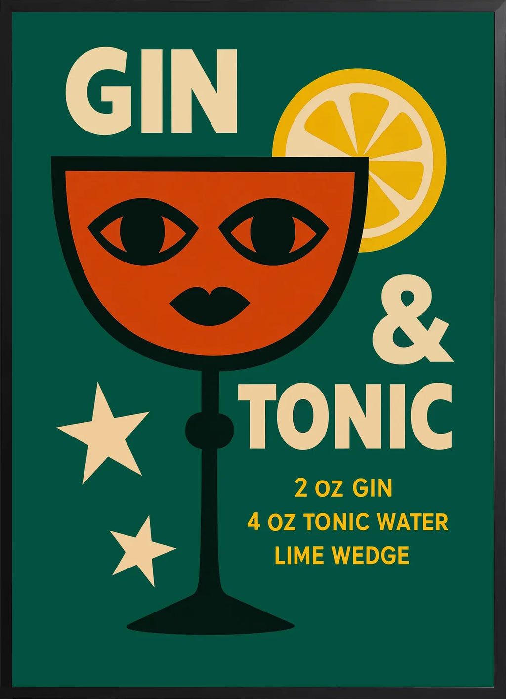 Encadrement noir mat autour du verre copa Gin Tonic au visage pop-art