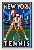 Affiche New York Tennis New York Tennis Femme Crouched revers, affiche Art déco de tennis new-yorkaise