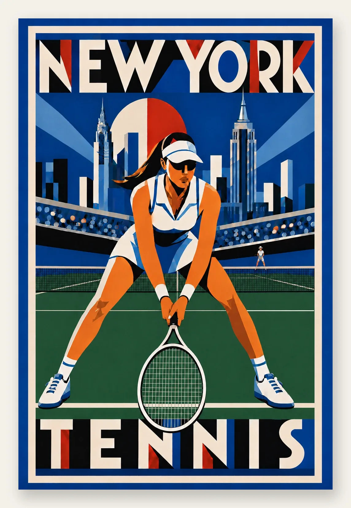 Affiche New York Tennis New York Tennis Femme Crouched revers, affiche Art déco de tennis new-yorkaise