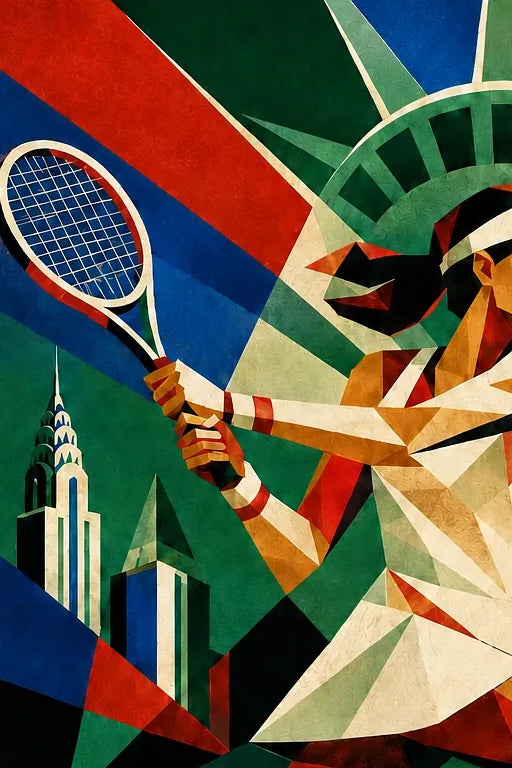 Affiche New York Tennis Femme Liberty revers, affiche Art déco de tennis new-yorkaise