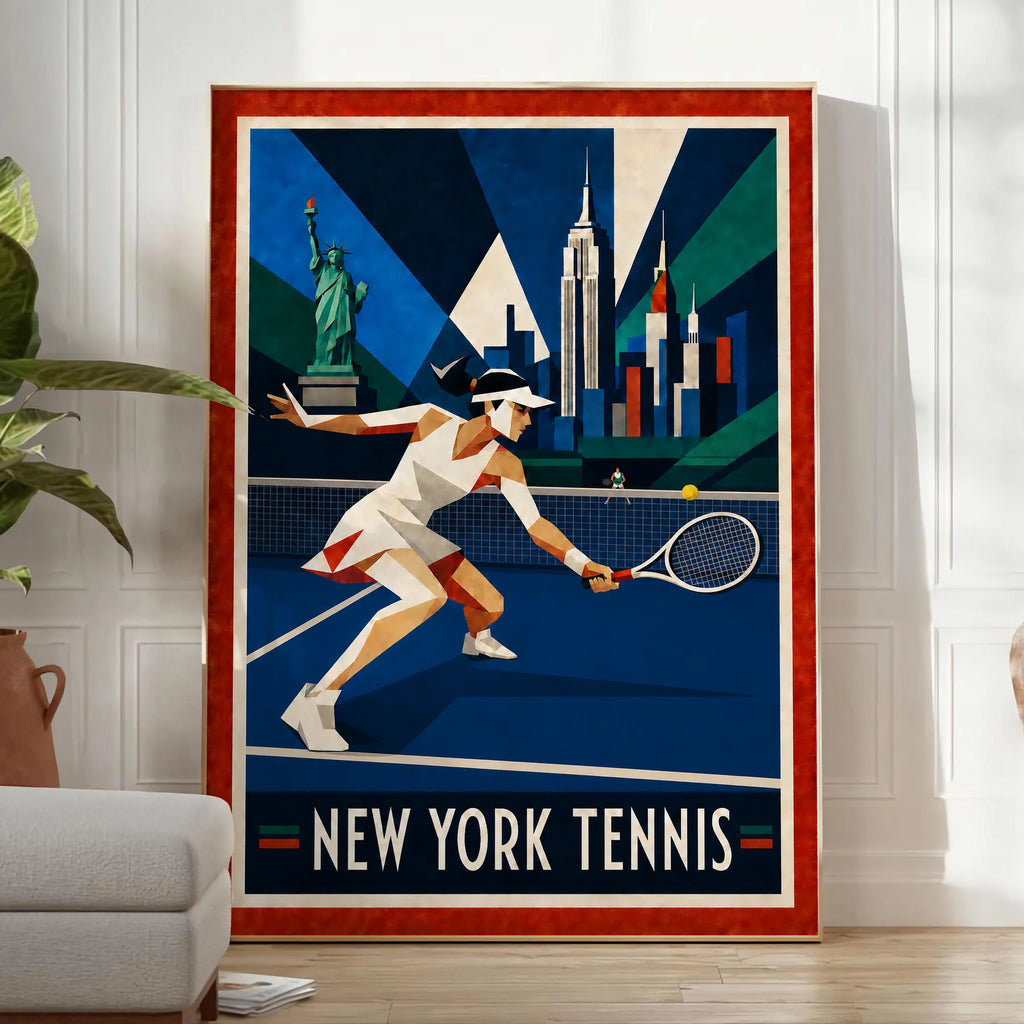 Affiche New York Tennis Geometric Femme Low demi-volée, affiche Art déco de tennis new-yorkaise