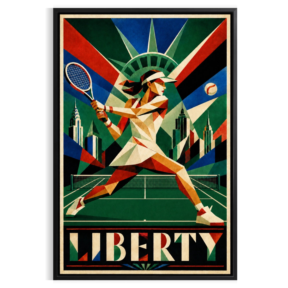 Affiche New York Tennis Femme Liberty revers, affiche Art déco de tennis new-yorkaise