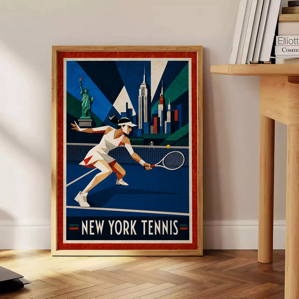 Affiche New York Tennis Geometric Femme Low demi-volée, affiche Art déco de tennis new-yorkaise