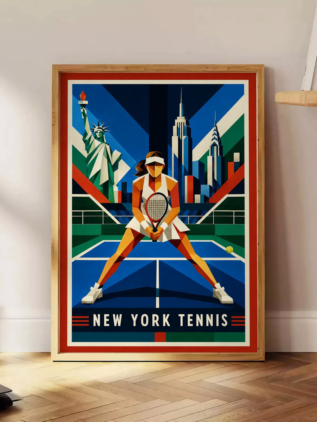 Affiche New York Tennis Geometric Femme Split Step prêt, affiche Art déco de tennis new-yorkaise