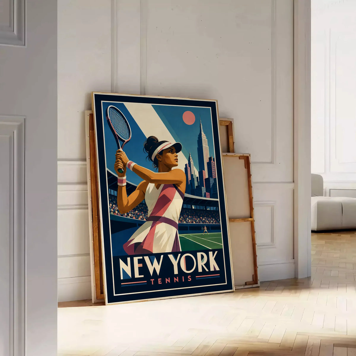 Affiche New York Tennis Tennis Female revers à deux mains Finish, affiche Art déco de tennis new-yorkaise