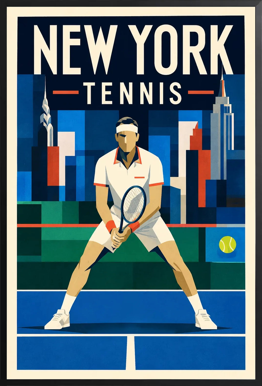 Affiche New York Tennis Ny Male Split Step prêt, affiche Art déco de tennis new-yorkaise