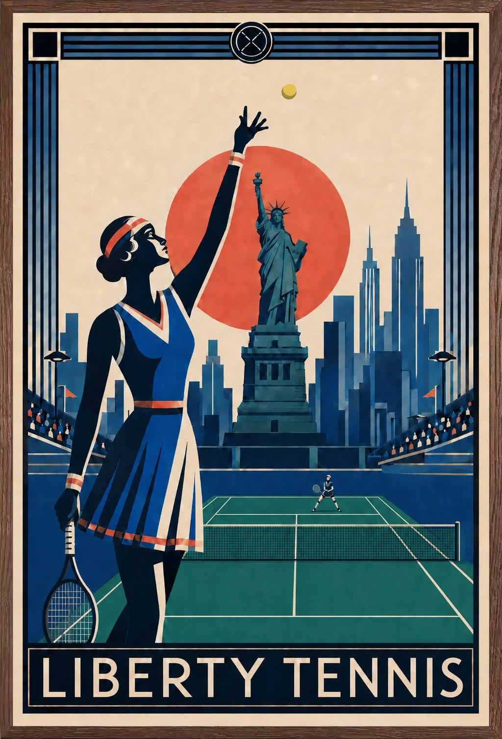 Affiche New York Tennis Liberty Tennis Femme service, affiche Art déco de tennis new-yorkaise