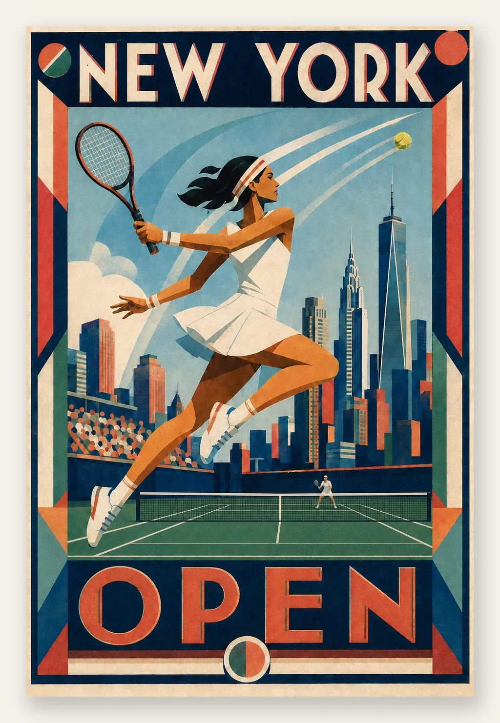 Affiche New York Tennis Open Female Leaping One Hand revers, affiche Art déco de tennis new-yorkaise